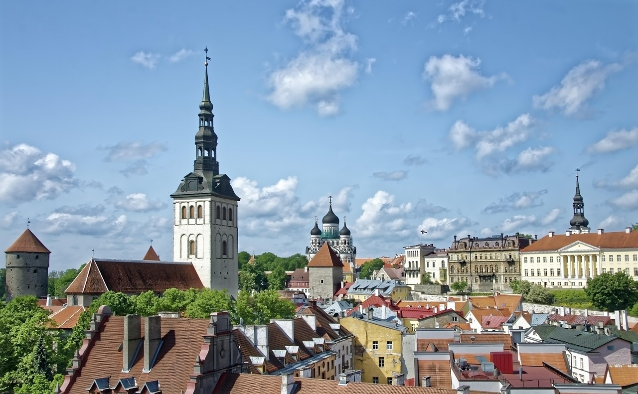 Tallinn skyline with the Old Town towers and modern business district